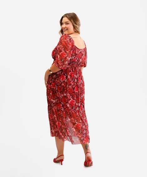 vestido midi feminino de tule floral plus size vinho