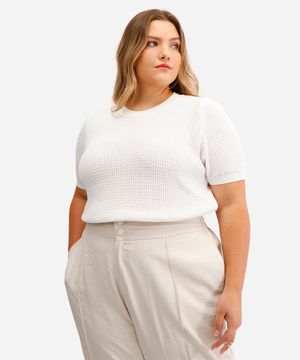 blusa feminina de tricot manga bufante texturizada plus size off white