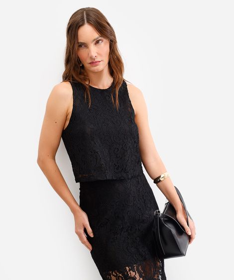 regata feminina de renda floral preto