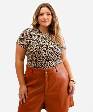 blusa feminina de viscose animal print canelada plus size bege