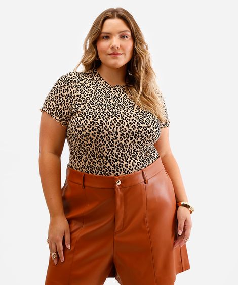 blusa feminina de viscose animal print canelada plus size bege