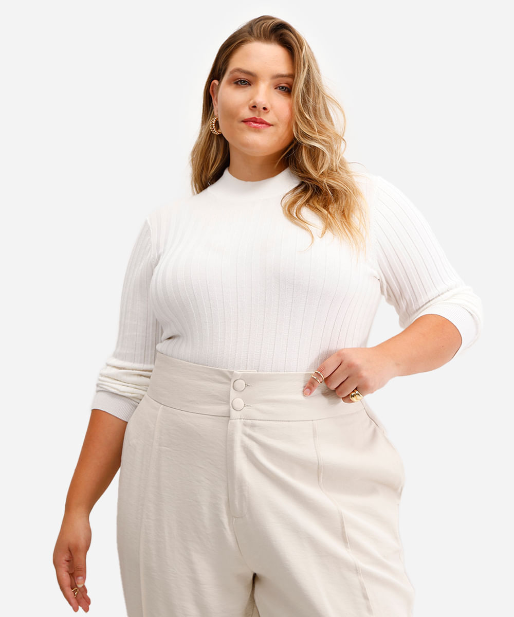 blusa feminina de tricot canelada plus size off white