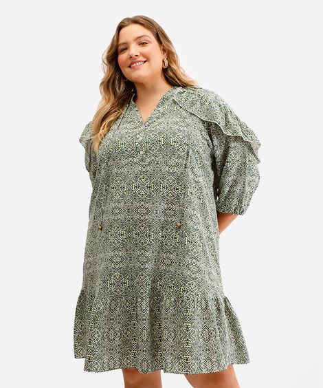 vestido feminino de viscose estampado com babados plus size verde