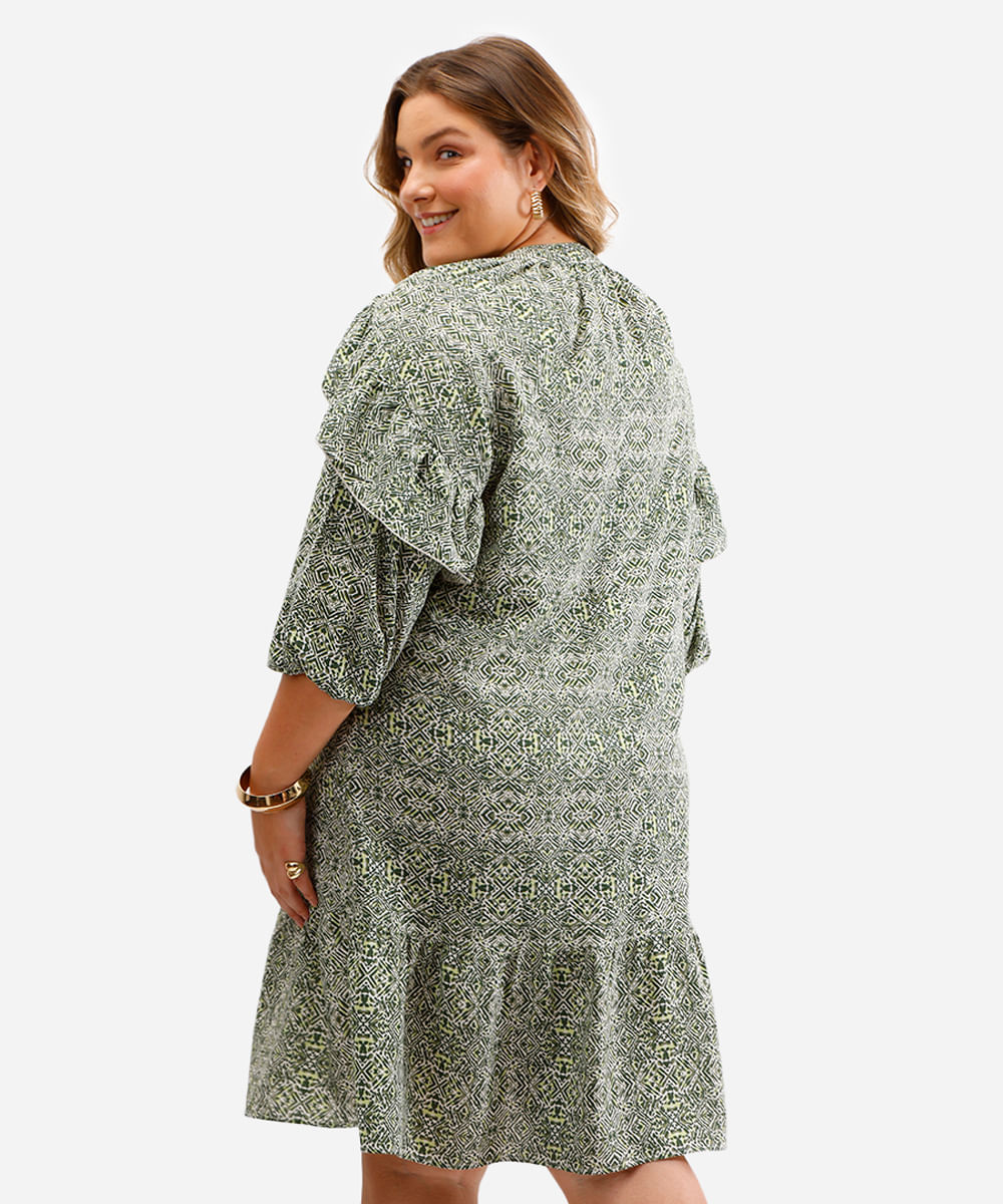vestido feminino de viscose estampado com babados plus size verde