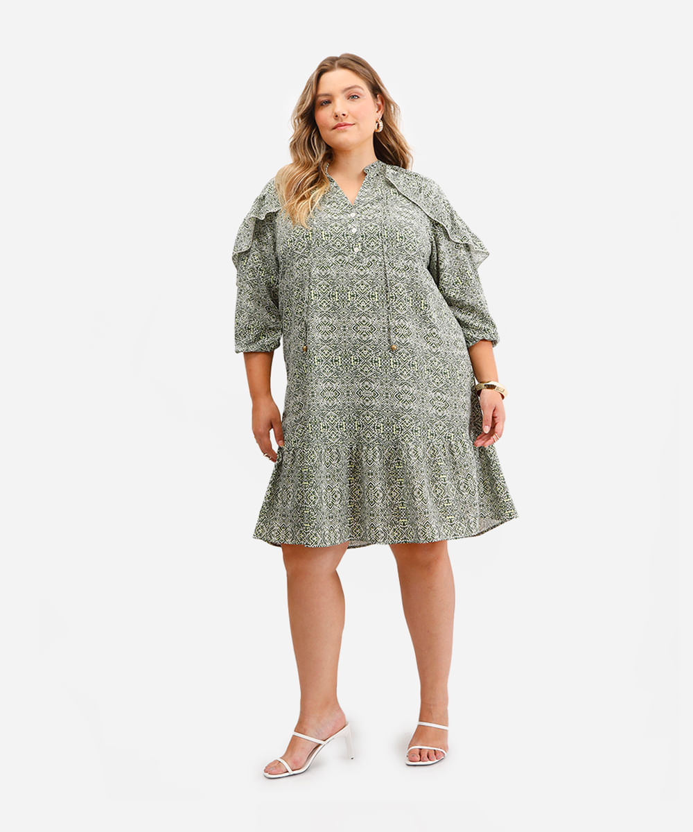 vestido feminino de viscose estampado com babados plus size verde