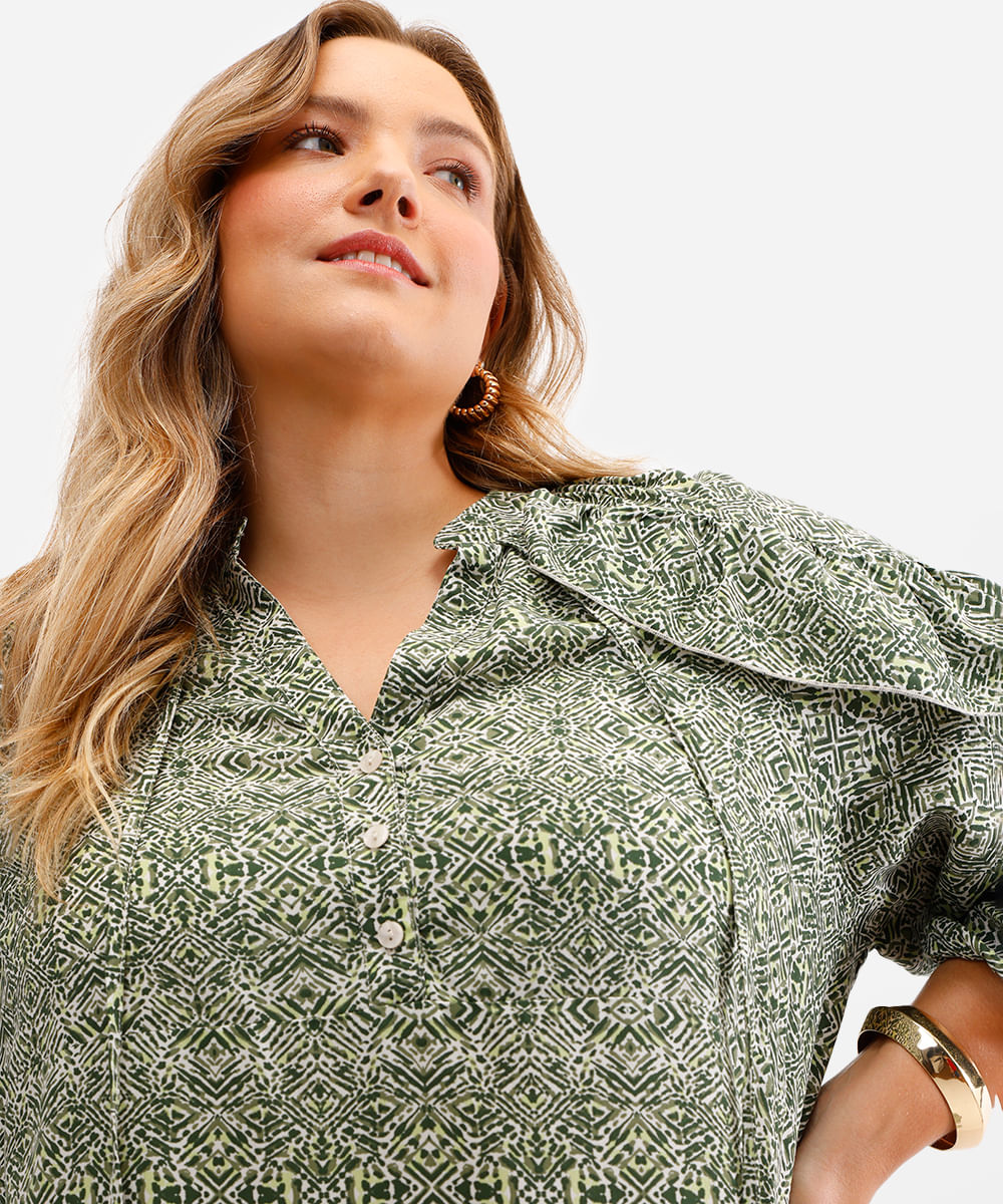 vestido feminino de viscose estampado com babados plus size verde