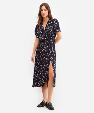 vestido midi feminino de viscose floral com fenda preto