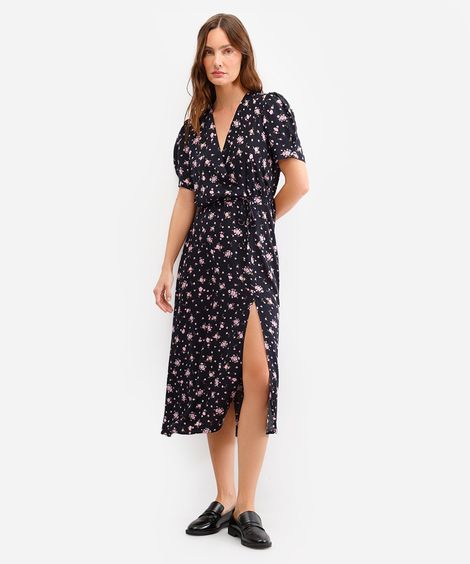 vestido midi feminino de viscose floral com fenda preto