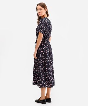vestido midi feminino de viscose floral com fenda preto