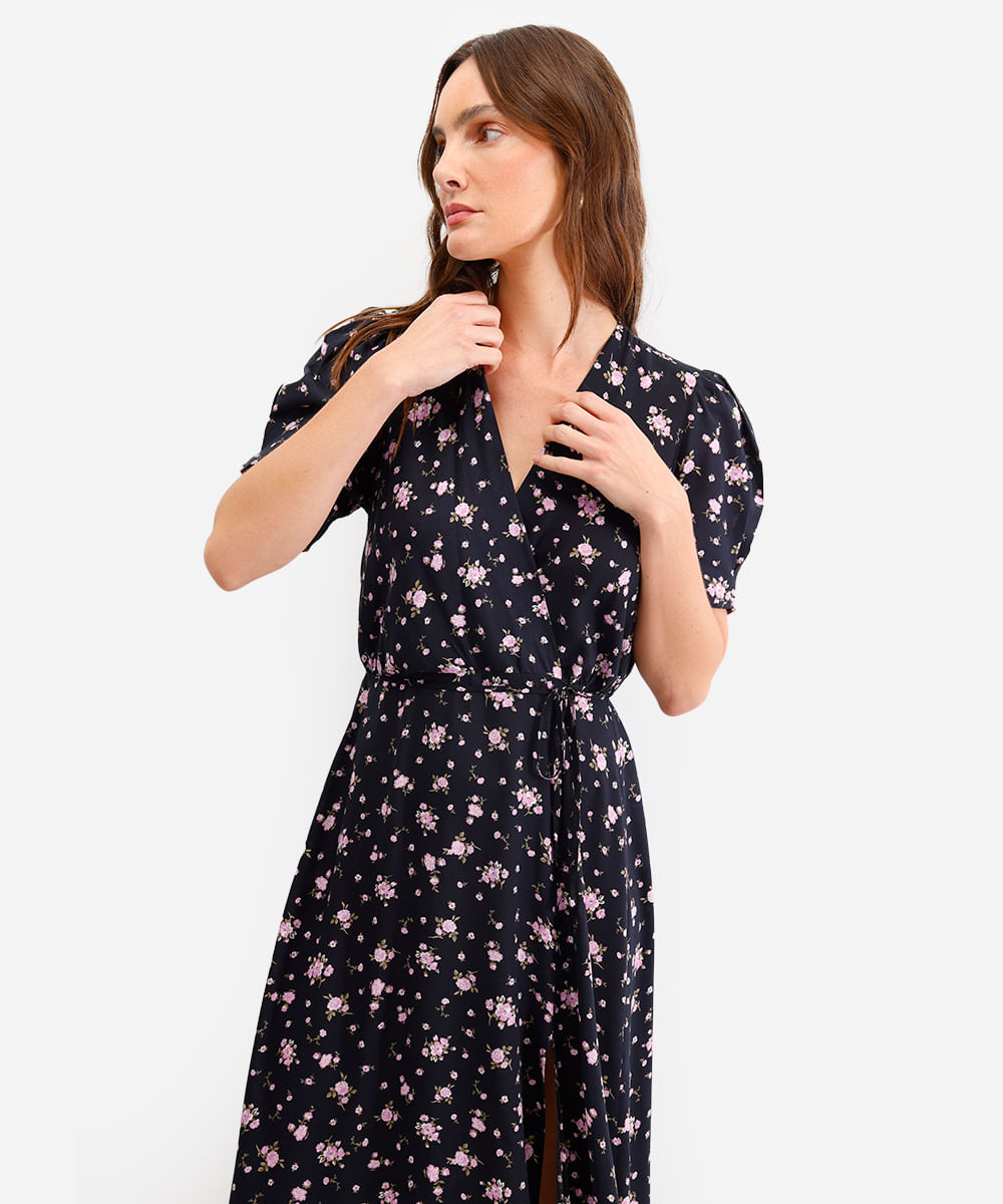 vestido midi feminino de viscose floral com fenda preto