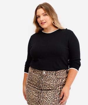 suéter feminino de tricot bicolor plus size preto