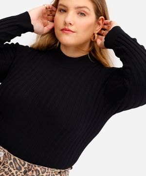 blusa feminina de tricot canelada plus size preta