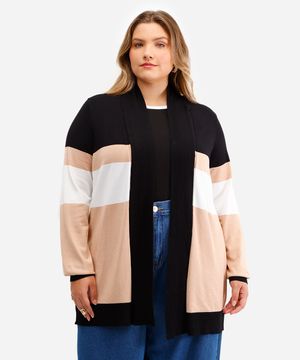 cardigan feminino de tricot listrado plus size bege