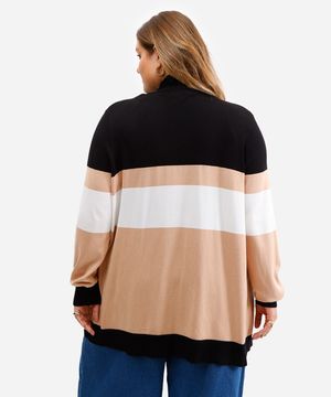 cardigan feminino de tricot listrado plus size bege