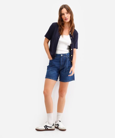 bermuda feminina jeans cintura média com cordão azul