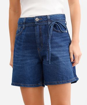 bermuda feminina jeans cintura média com cordão azul