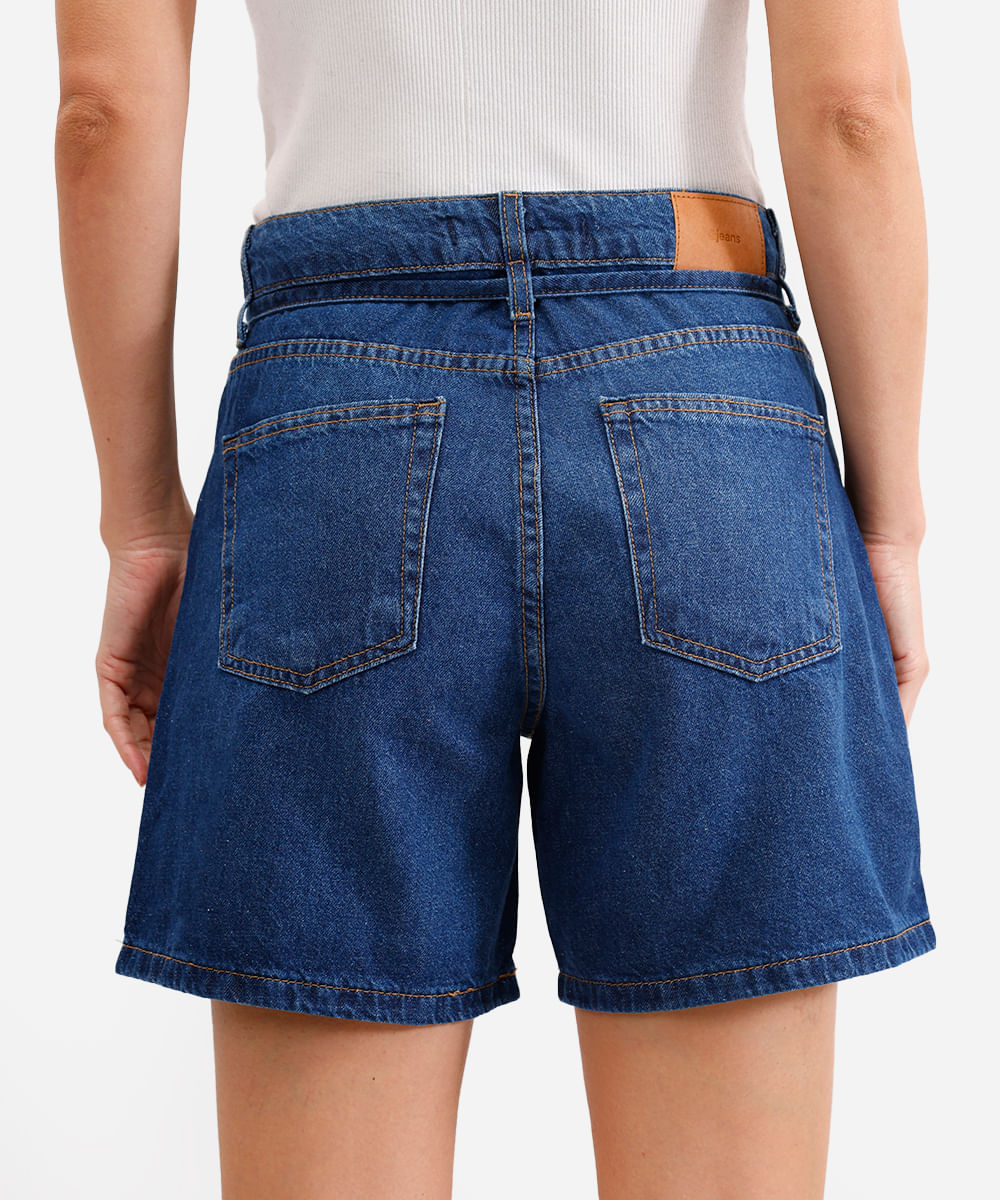 bermuda feminina jeans cintura média com cordão azul