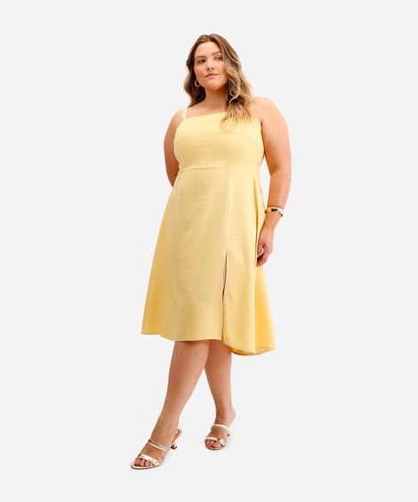 vestido feminino com linho e fenda plus size amarelo