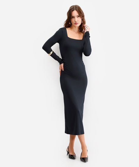 vestido midi feminino manga longa franzido preto