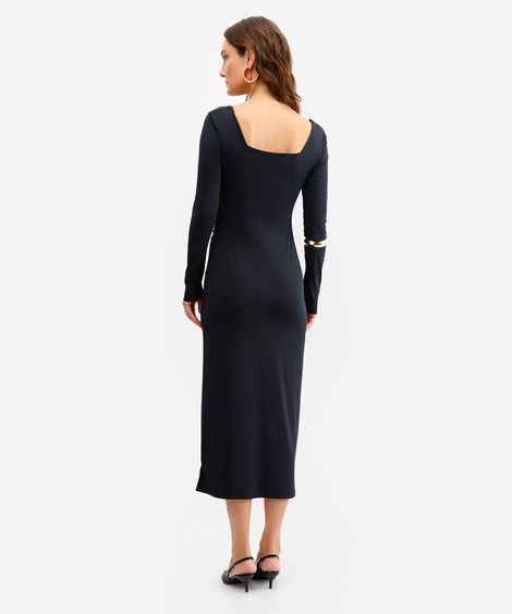 vestido midi feminino manga longa franzido preto