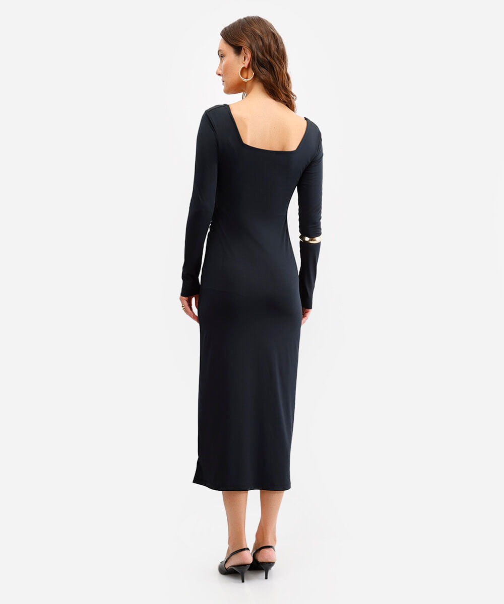 vestido midi feminino manga longa franzido preto