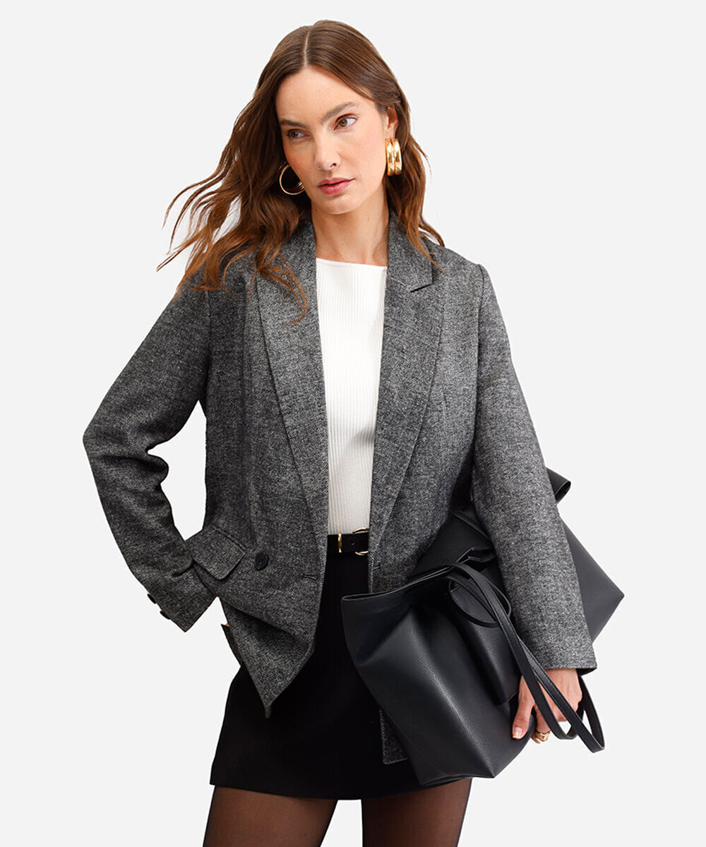 blazer feminino alongado texturizado cinza