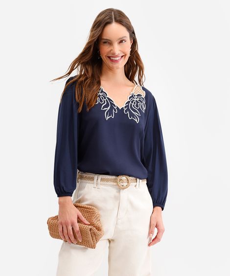 bata de viscose decote v folhagem azul