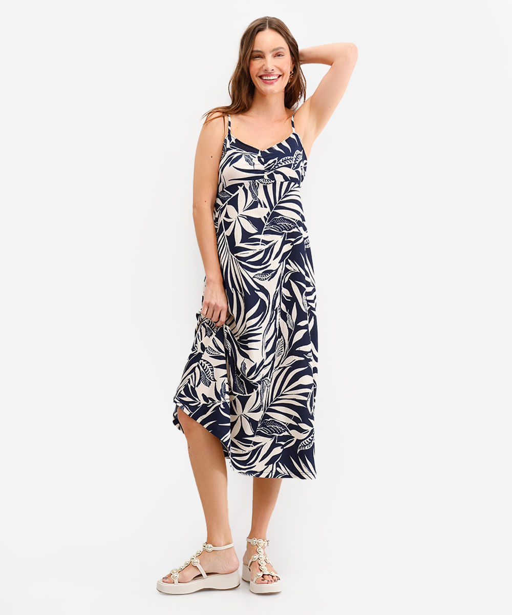 vestido midi feminino animal folhagens texturizado azul