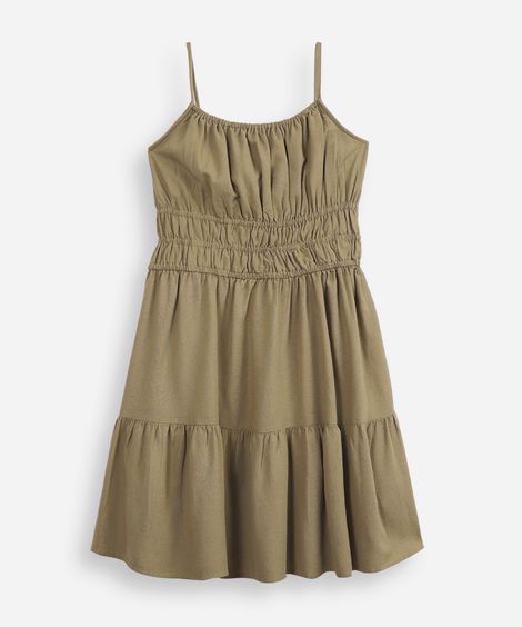 vestido juvenil franzido com linho verde