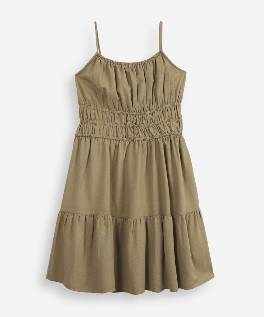 vestido juvenil franzido com linho verde