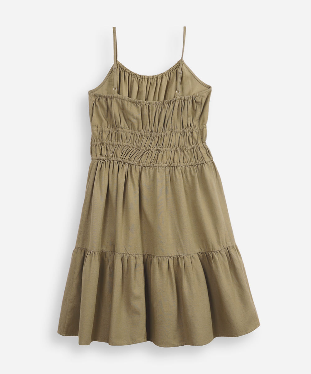 vestido juvenil franzido com linho verde