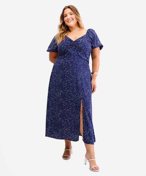 vestido midi feminino de viscose manga bufante poá plus size azul