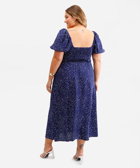 vestido midi feminino de viscose manga bufante poá plus size azul