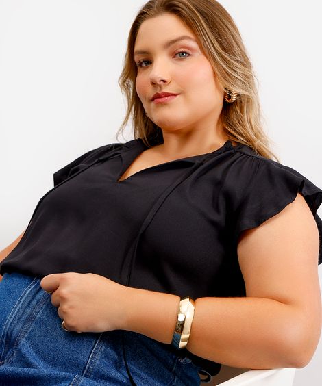 blusa feminina de viscose manga curta plus size preta