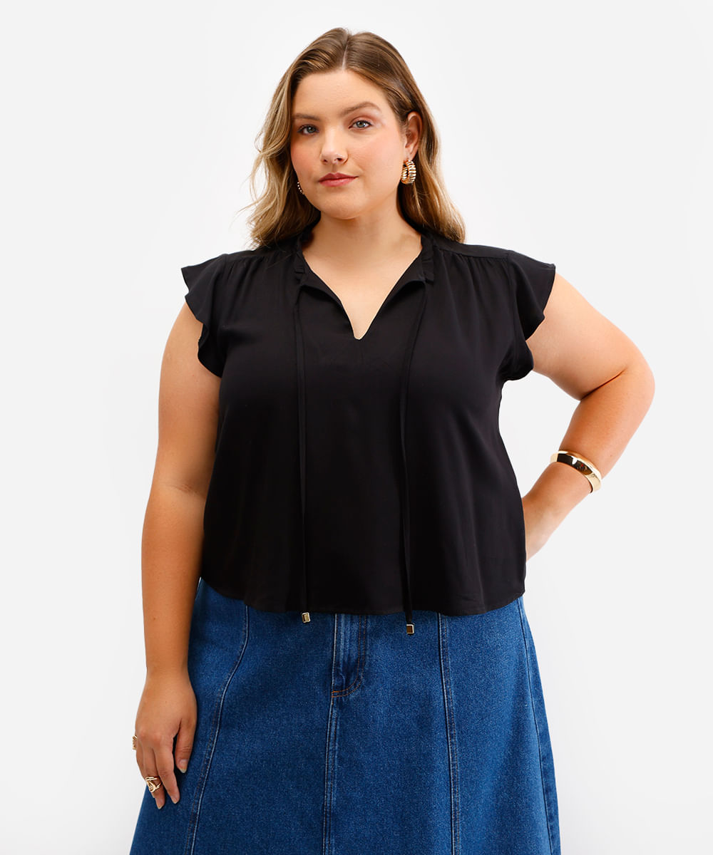 blusa feminina de viscose manga curta plus size preta