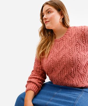 suéter feminino de tricot texturizado plus size rosa