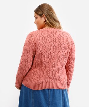 suéter feminino de tricot texturizado plus size rosa
