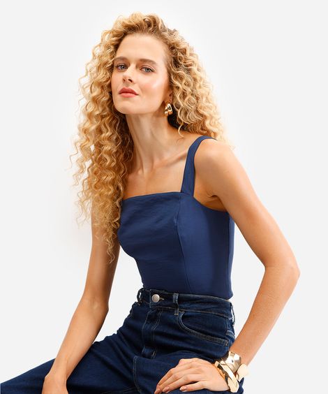 cropped feminino de viscose decote quadrado azul