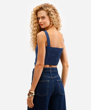 cropped feminino de viscose decote quadrado azul