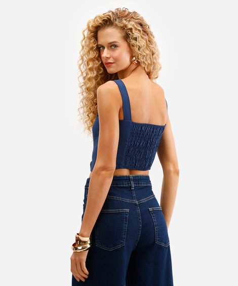 cropped feminino de viscose decote quadrado azul