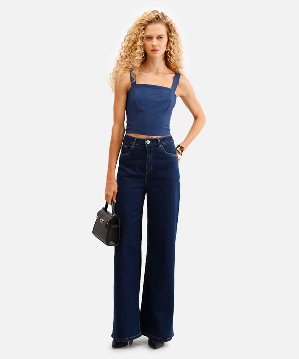 cropped feminino de viscose decote quadrado azul