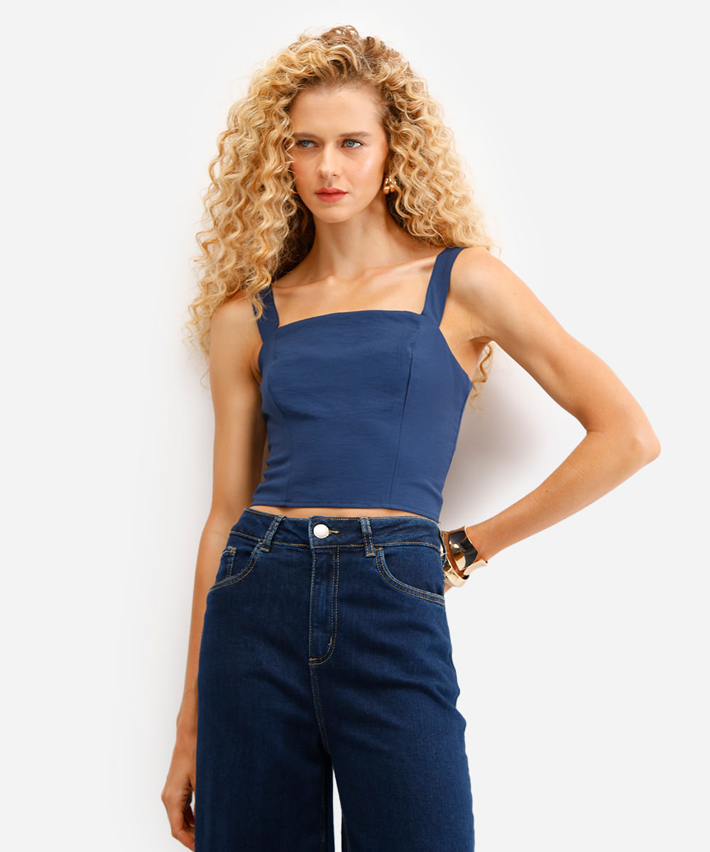 cropped feminino de viscose decote quadrado azul