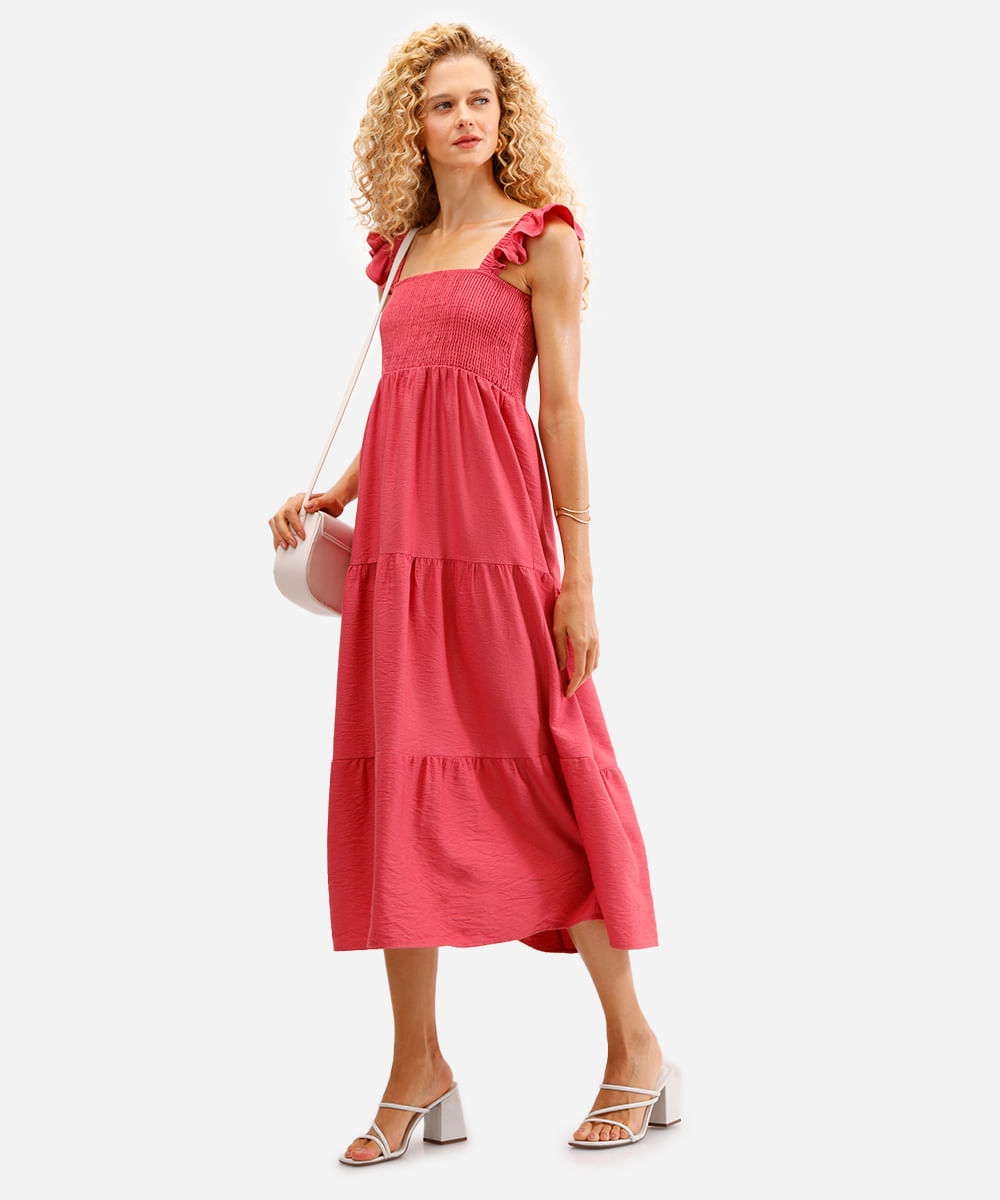 vestido midi feminino de viscose alça babado rosa