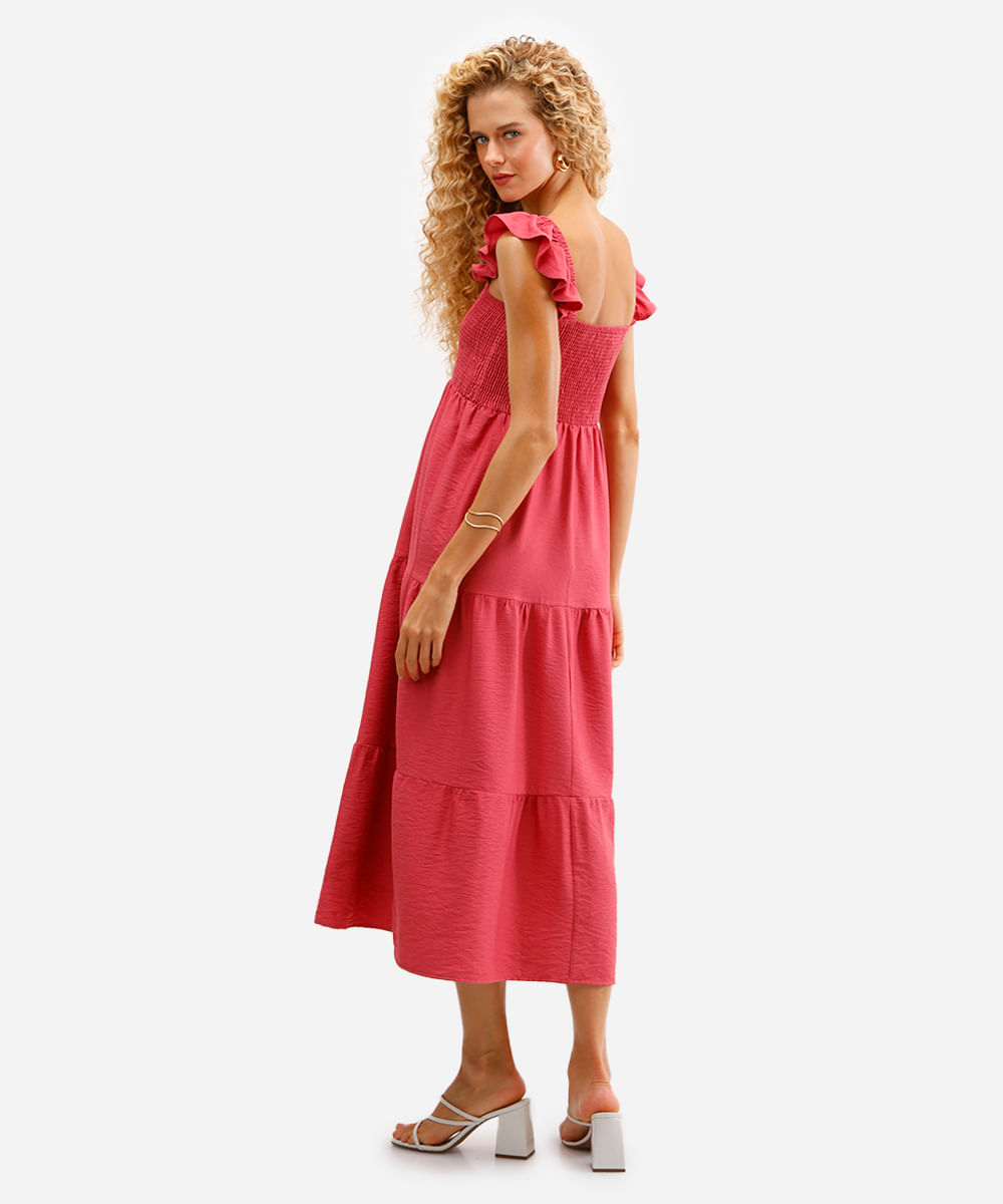 vestido midi feminino de viscose alça babado rosa