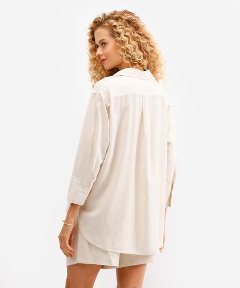 camisa feminina de viscose com linho manga longa bege