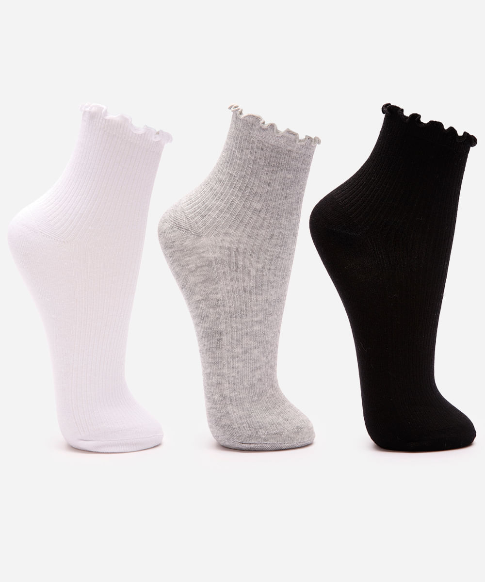 kit de 3 meias femininas cano médio canelada colorida