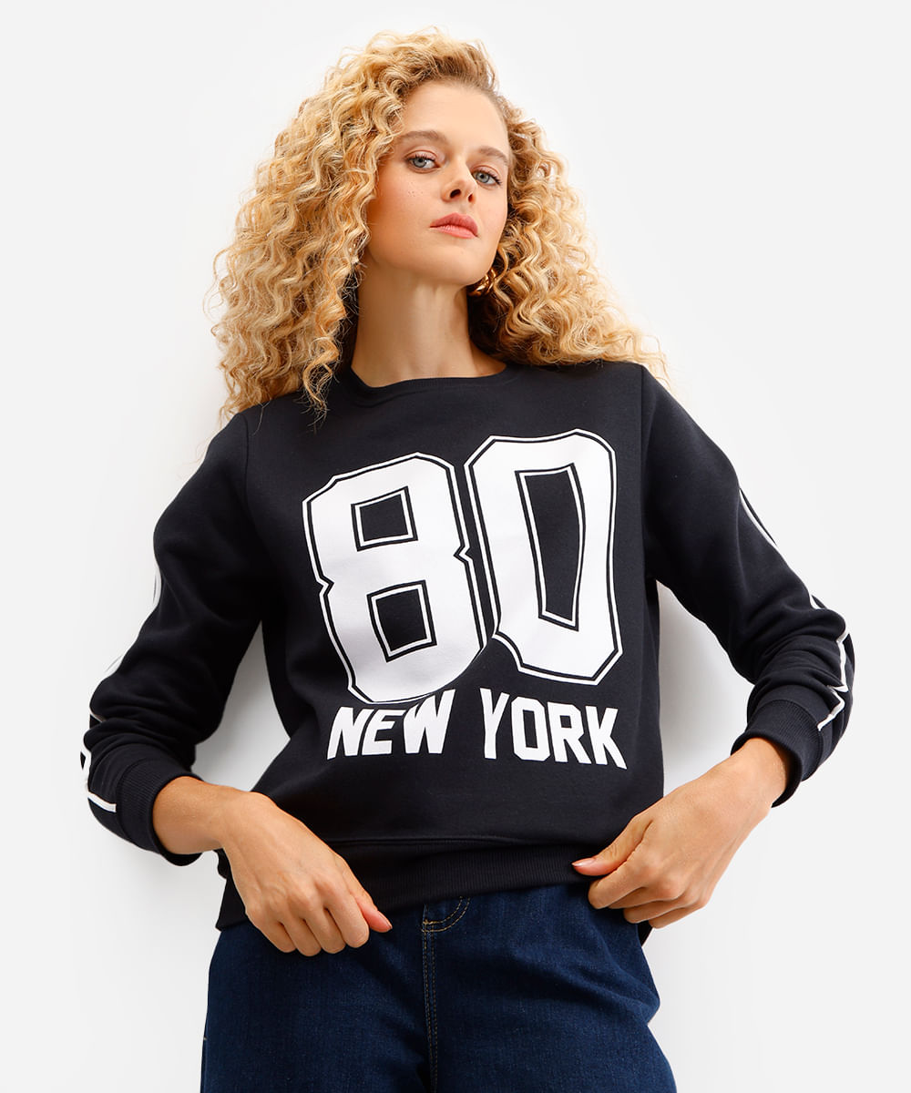 blusão feminino de moletom new york preto