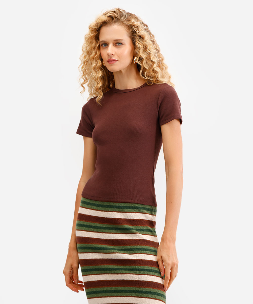 blusa de algodão canelada manga curta marrom