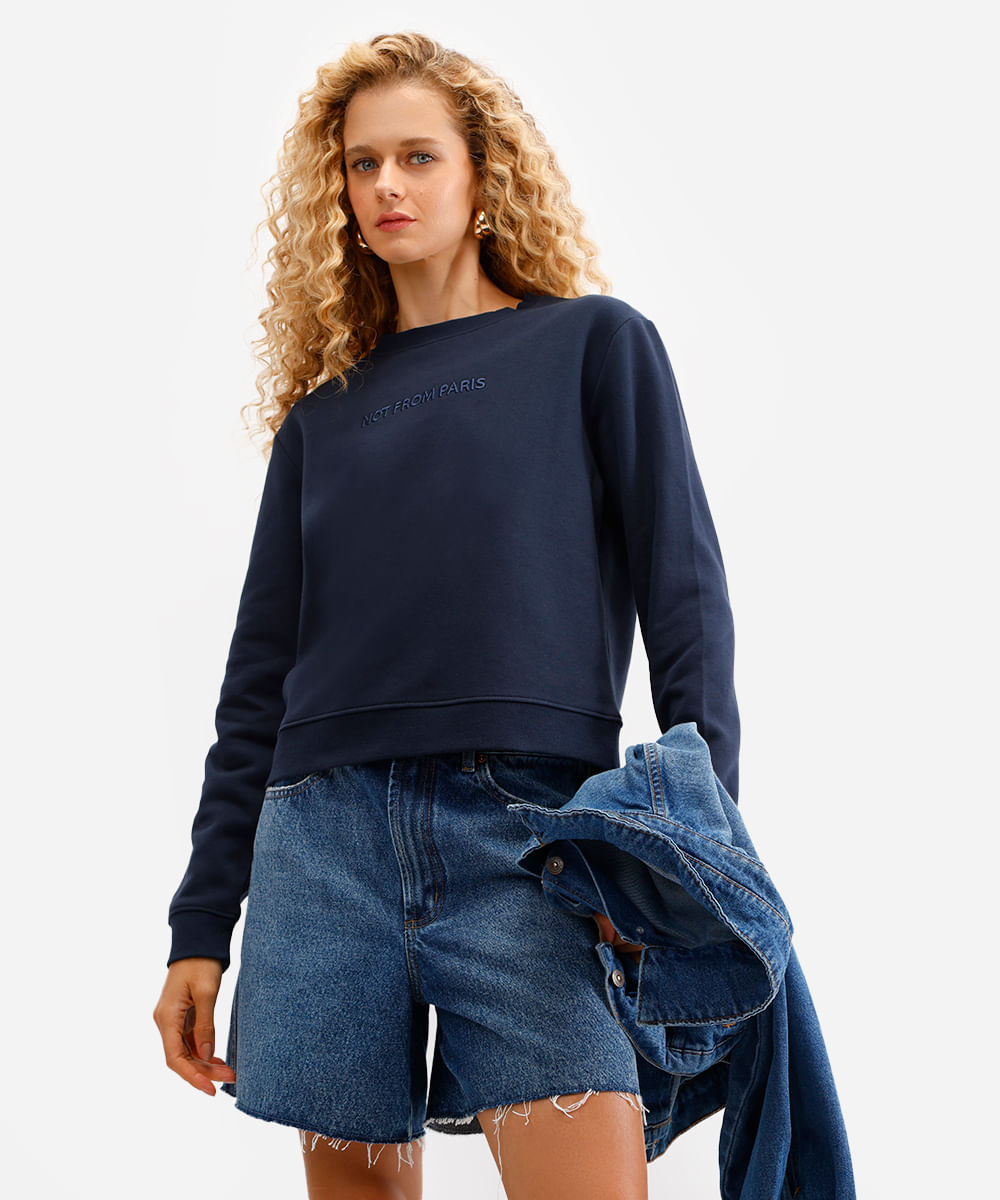 blusão feminino de moletom bordado not from paris - azul marinho