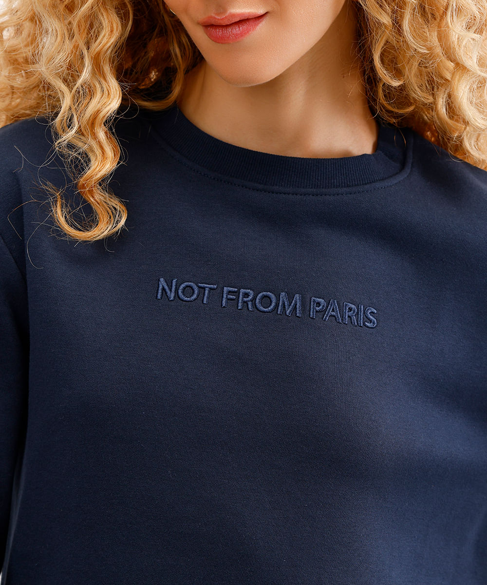 blusão feminino de moletom bordado not from paris - azul marinho